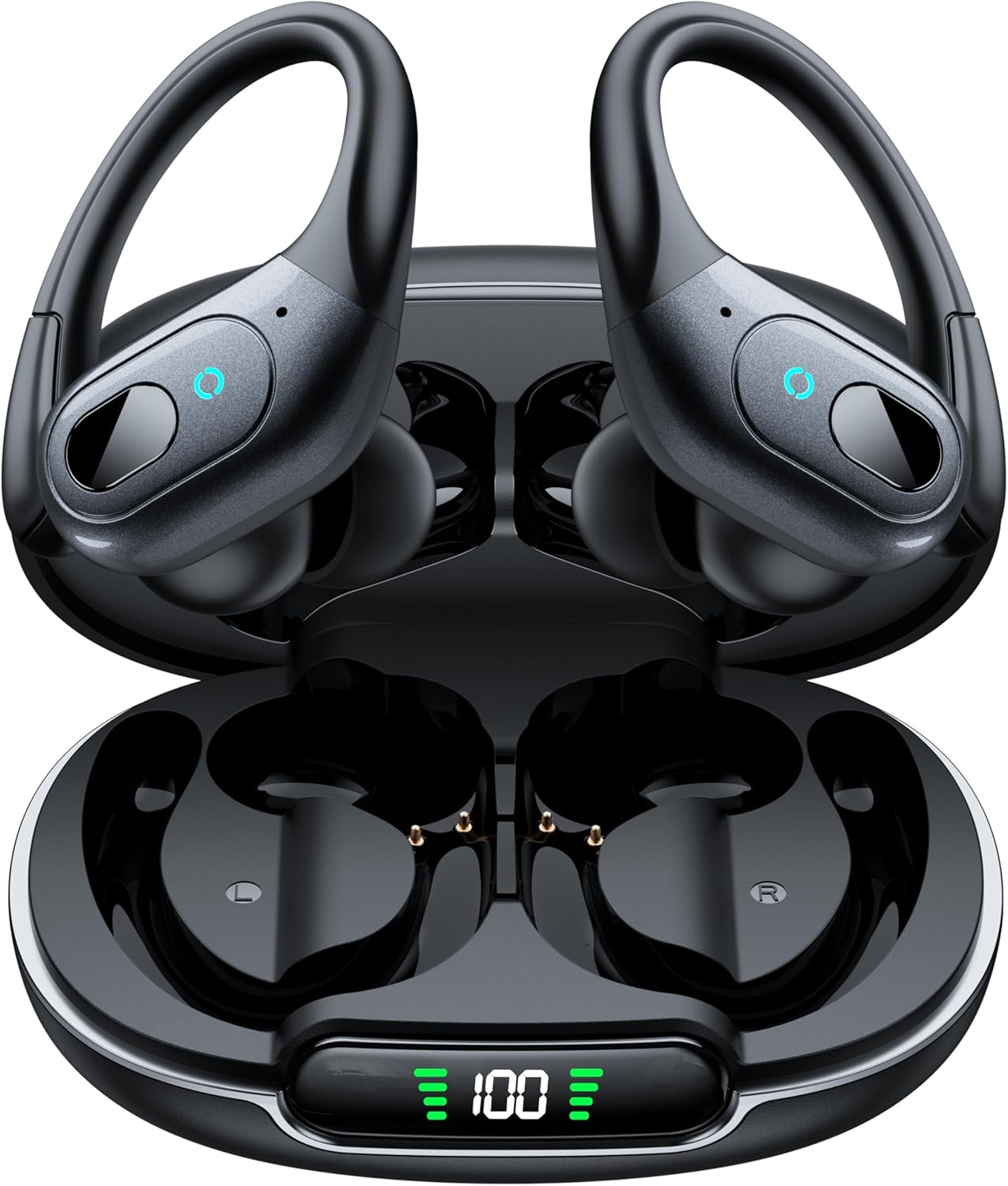 occiam Active Noise Cancelling Ear Buds Bluetooth Headphones Wireless Earbuds 90Hrs Playback Stereo Bass Earphones with Over-Ear Hooks IPX7 Waterproof Earbud for Sports Running Gym Workout Black