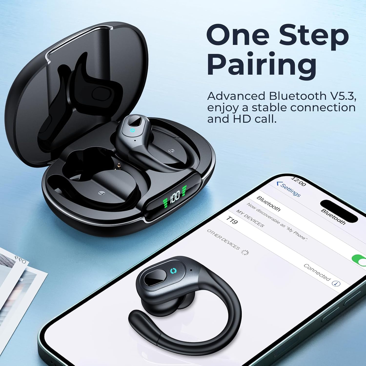 occiam Active Noise Cancelling Ear Buds Bluetooth Headphones Wireless Earbuds 90Hrs Playback Stereo Bass Earphones with Over-Ear Hooks IPX7 Waterproof Earbud for Sports Running Gym Workout Black - Image 6