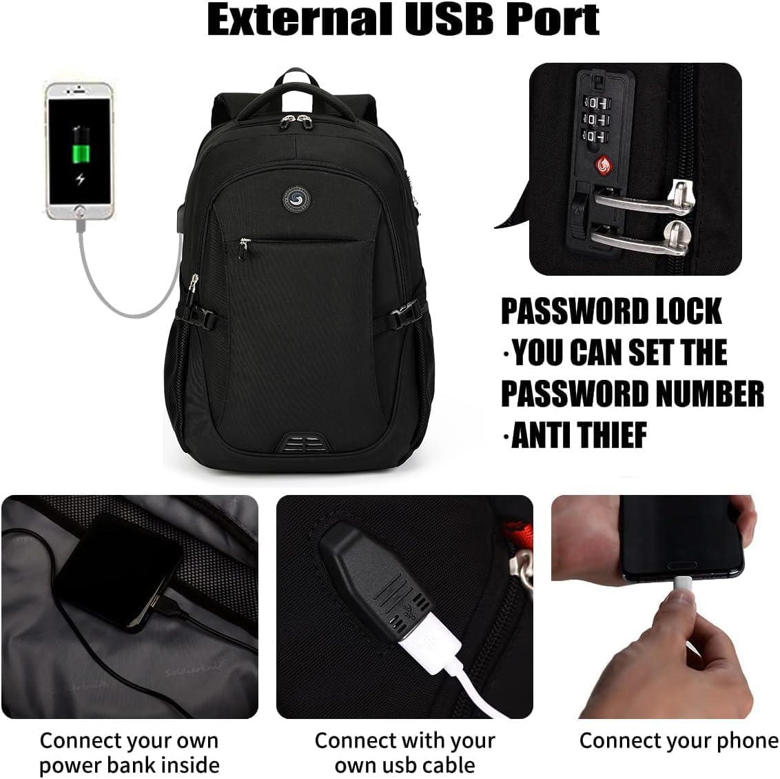 SHRRADOO Anti Theft Laptop Backpack Travel Backpacks with usb Charging Port for Women Men High School College Backpack Computer Bag Fits 17 Inch Laptop,Grey - Image 3