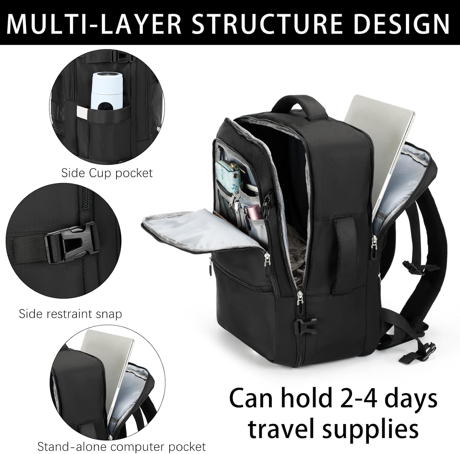 Sowaovut Travel Laptop Backpack, Extra Large High School College Backpacks, Flight Approved Daypack Business Bag Fit 17.3 inch Laptop for Men Women (Black) - Image 4
